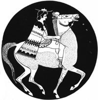 Молодой афинянин на коне. Фрагмент росписи внутренней стороны килика. Конец VI—IV вв. до н.э. Мюнхен. Музей античного искусства