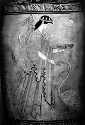 Артемида, кормящая лебедя. Лекиф с белой облицовкой. Ок. 490 г. до н.э. С.-Петербург. Государственный эрмитаж 