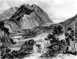 Пейзаж в окрестностях Кито с вулканом Чимборасо. По рисунку А. фон Гумбольдта