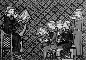 Урок в средневековой монастырской школе.Миниатюра. Начало XIV в.