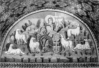 Добрый пастырь. Мозаика мавзолея Галлы Пладиадии. Церковь Сан-Витале. Равенна. Сер. V в.