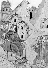 Иван III раздает поместья. Миниатюра летописного свода. XVI в.