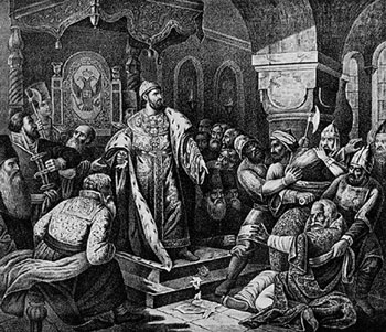 Иван III разрывает ханскую грамоту с требованием дани. Н. Шустов. Литография XIX в.