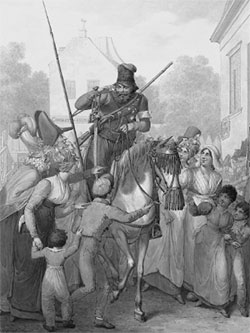 Конный казак на улице Парижа. Акварель Г.Опица. 1814 г.
