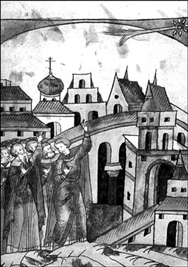 Комета, предвещающая нашествие татар Миниатюра лицевого летописного свода. XVI&nbsp;в.