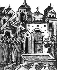 Закладка первого Успенского собора. 1326 г. Миниатюра Остермановского I тома Лицевого летописного свода XVI в.