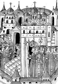 Закладка Архангельского собора. 1333 г. Миниатюра Остермановского I тома Лицевого летописного свода XVI в.