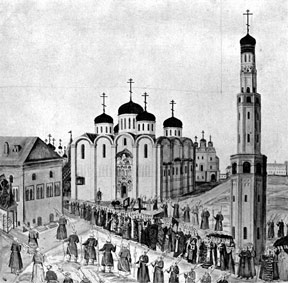 Соборная площадь в XVII в. Вид на Успенский собор. Миниатюра «Книги об избрании на царство Михаила Фёдоровича». 1673 г.