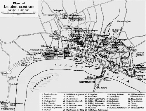 Карта Лондона (около 1300 г.). На востоке Лондона — ворота Олдгейт, на западе — Темпль, здание одной из адвокатских корпораций. На противоположном берегу — Саутуорк. На юго-западе от Лондона — Вестминстер