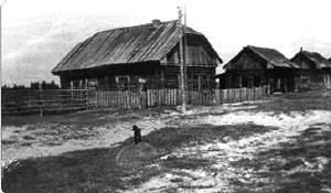 Посёлок спецпереселенцев. В каждой избе жило по несколько семей. Сургутский район. 1930&nbsp;г.