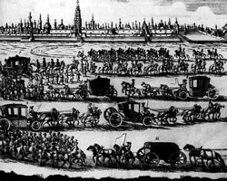 Въезд в Москву иностранного посольства. Гравюра из книги И.Г.Корба «Путешествие в Московию». 1699 г.