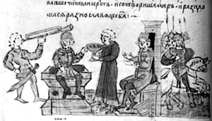 Ярополк принуждает Всеволода Олеговича заключить мир. На миниатюре Радзивиловской летописи изображён дружинный быт князей