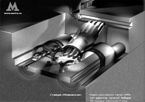 Станция «Маяковская»: зал, модель станции в разрезе (3d-графика Артемия Лебедева), вход 